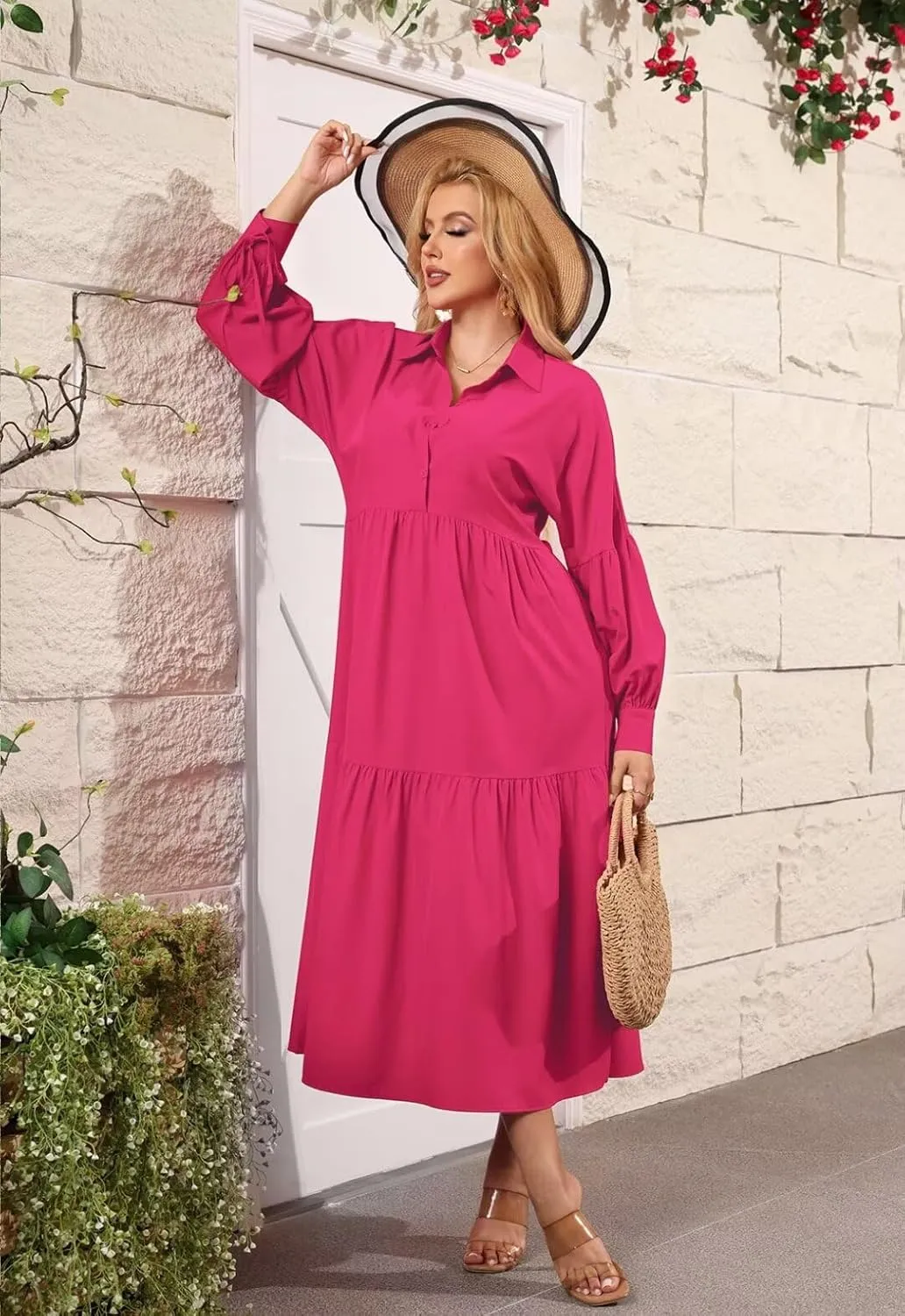 Women's Long Sleeve Maxi Shirt Dress Elegant Button Down Loose Swing Party Dress
