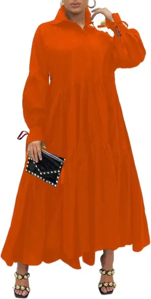 Women's Long Sleeve Maxi Shirt Dress Elegant Button Down Loose Swing Party Dress