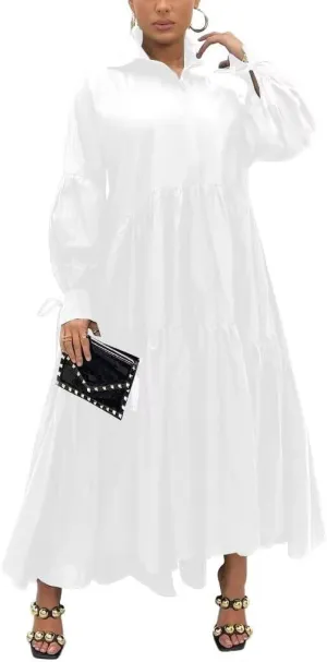 Women's Long Sleeve Maxi Shirt Dress Elegant Button Down Loose Swing Party Dress