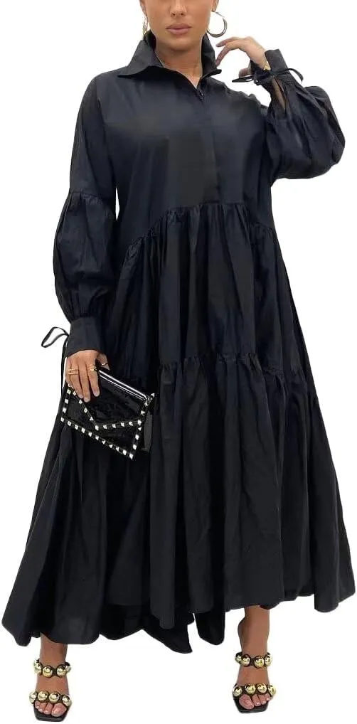 Women's Long Sleeve Maxi Shirt Dress Elegant Button Down Loose Swing Party Dress