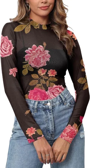 Womens Mesh Floral Long Sleeve Tops Lace Undershirt Mock Neck Going Out Sheer Blouses 2025 Trendy