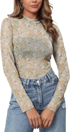 Womens Mesh Floral Long Sleeve Tops Lace Undershirt Mock Neck Going Out Sheer Blouses 2025 Trendy