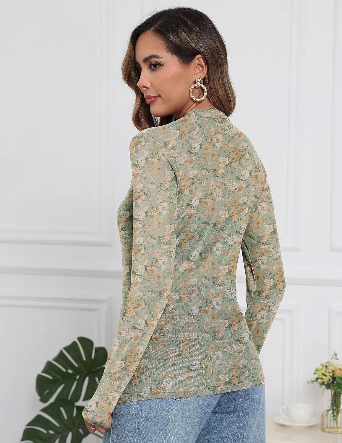 Womens Mesh Floral Long Sleeve Tops Lace Undershirt Mock Neck Going Out Sheer Blouses 2025 Trendy