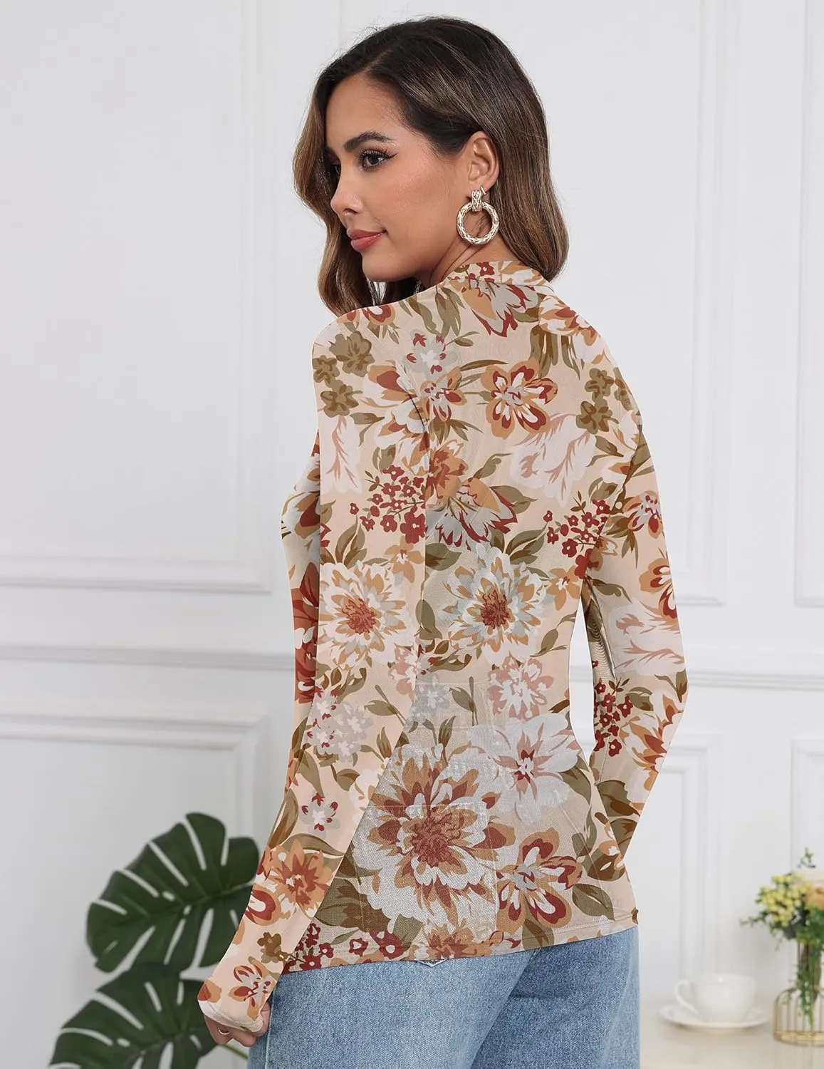 Womens Mesh Floral Long Sleeve Tops Lace Undershirt Mock Neck Going Out Sheer Blouses 2025 Trendy