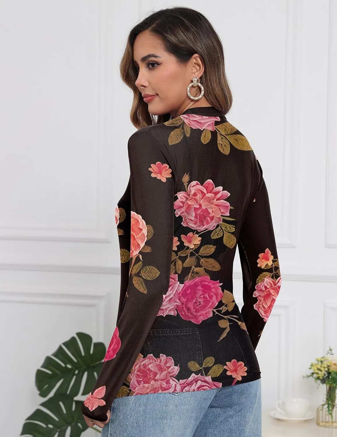 Womens Mesh Floral Long Sleeve Tops Lace Undershirt Mock Neck Going Out Sheer Blouses 2025 Trendy