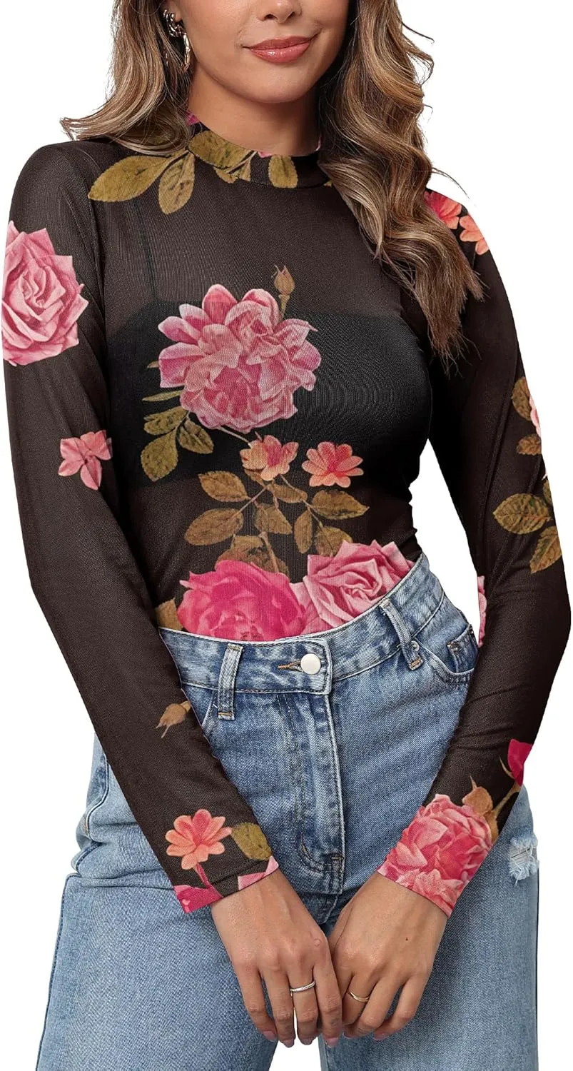 Womens Mesh Floral Long Sleeve Tops Lace Undershirt Mock Neck Going Out Sheer Blouses 2025 Trendy
