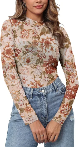 Womens Mesh Floral Long Sleeve Tops Lace Undershirt Mock Neck Going Out Sheer Blouses 2025 Trendy