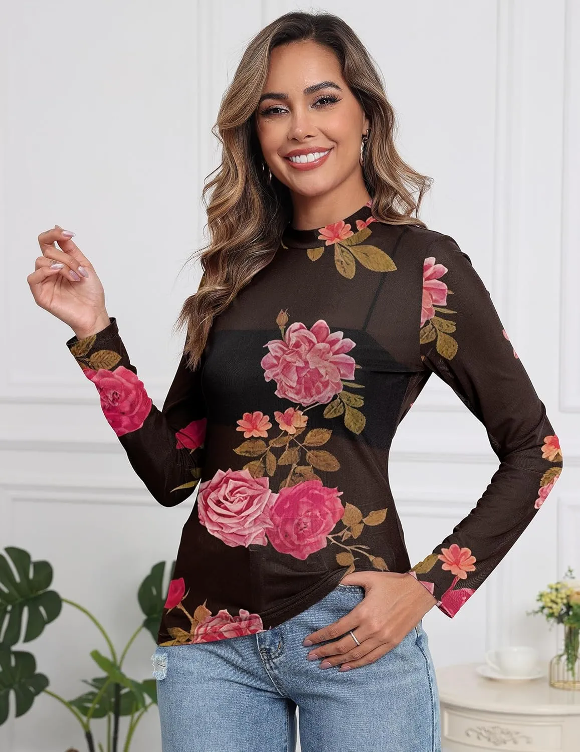 Womens Mesh Floral Long Sleeve Tops Lace Undershirt Mock Neck Going Out Sheer Blouses 2025 Trendy