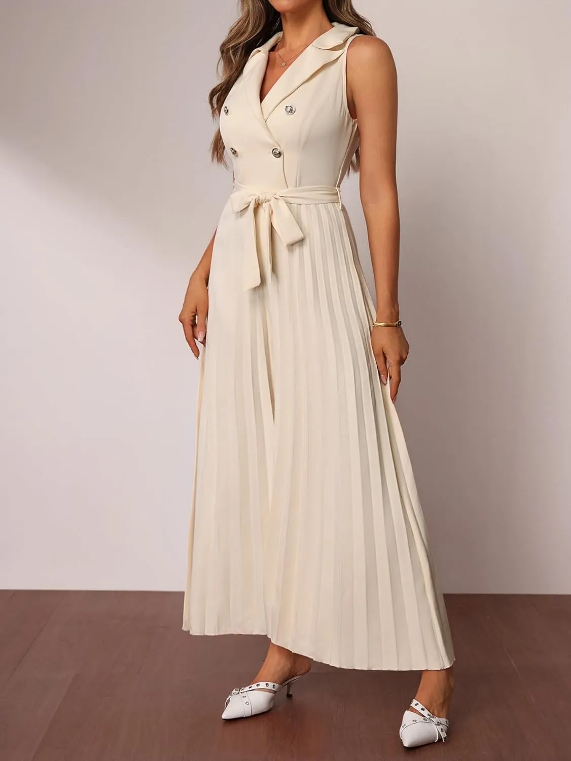 Women's Notched Lapel Collar Sleeveless Jumpsuit Pleated Wide Leg Elegant Work Rompers with Belt