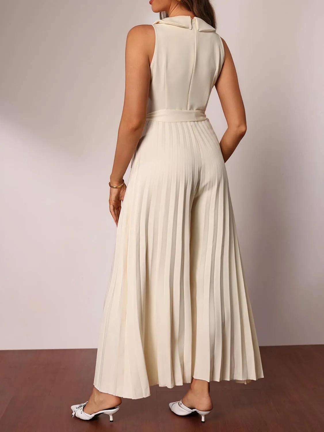 Women's Notched Lapel Collar Sleeveless Jumpsuit Pleated Wide Leg Elegant Work Rompers with Belt