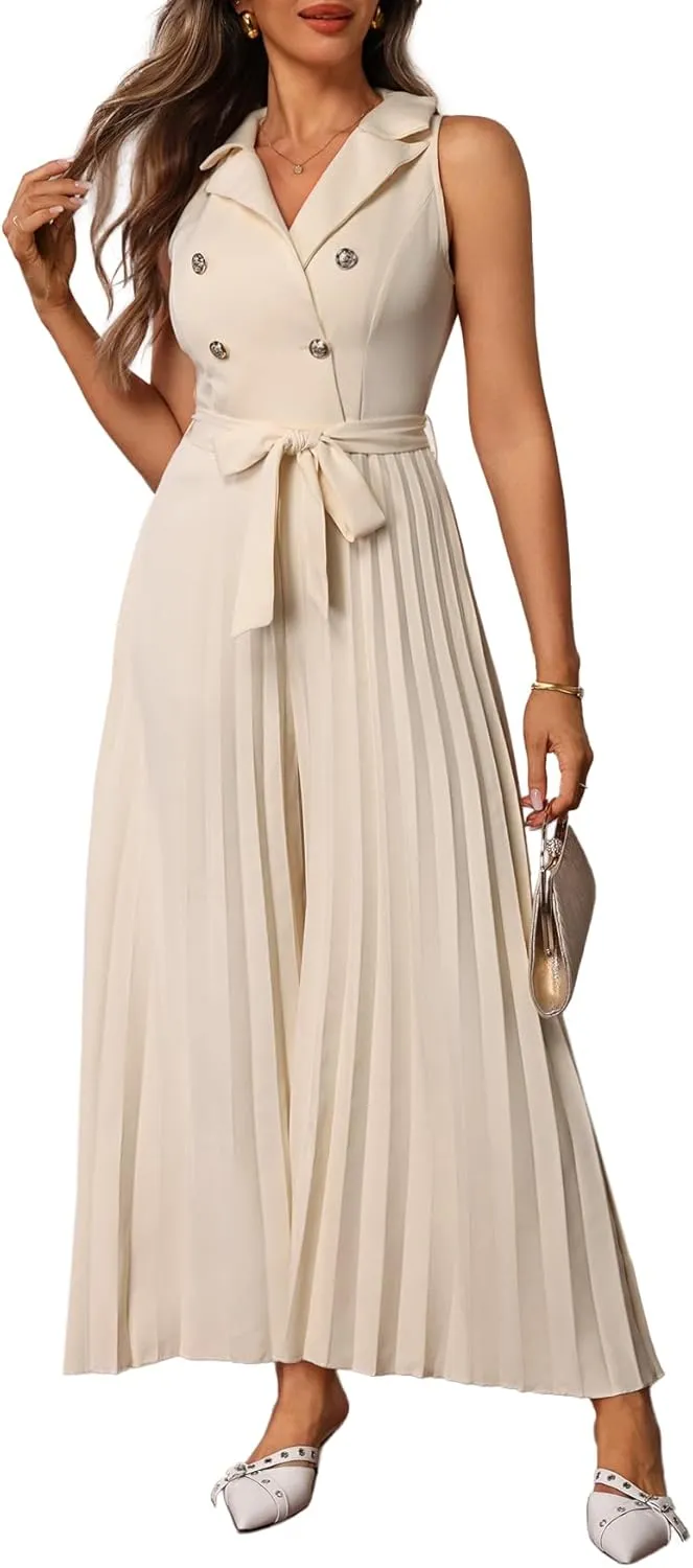 Women's Notched Lapel Collar Sleeveless Jumpsuit Pleated Wide Leg Elegant Work Rompers with Belt