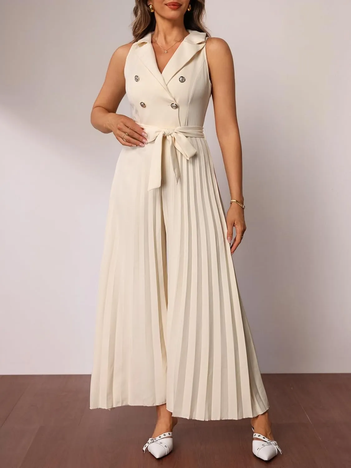 Women's Notched Lapel Collar Sleeveless Jumpsuit Pleated Wide Leg Elegant Work Rompers with Belt