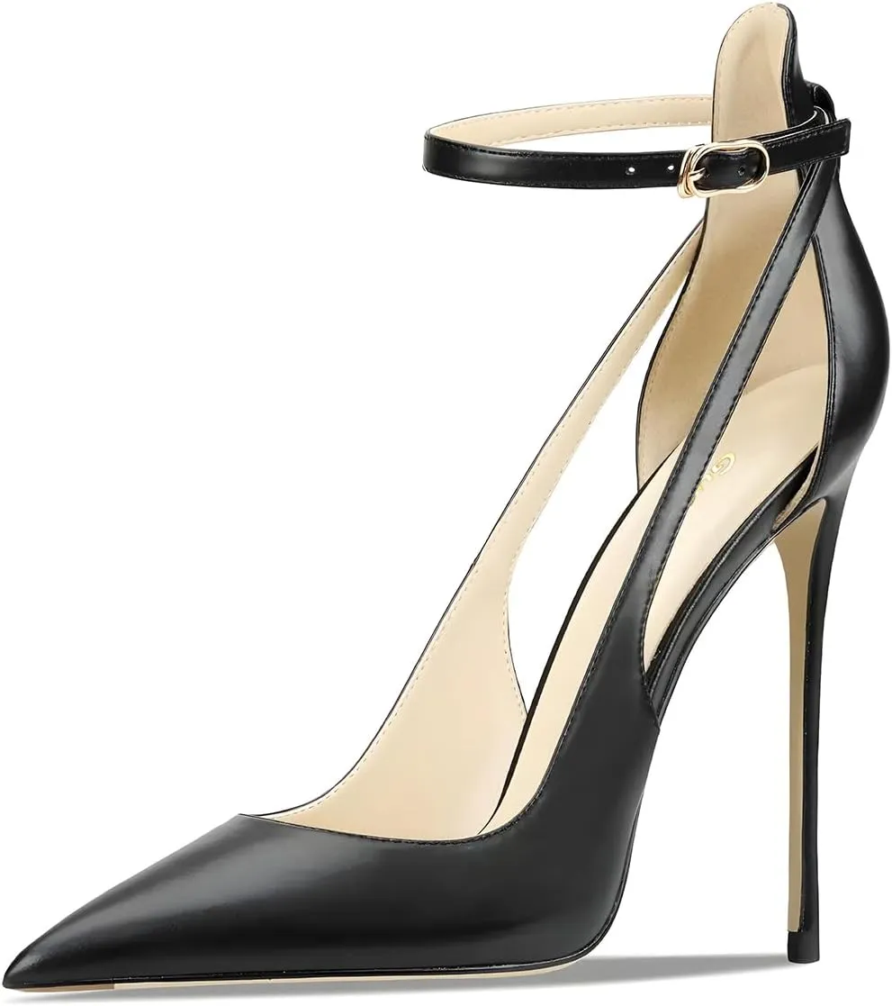 Women's Pointed 3.9 Inch Ankle Strap High Heels Hollow Pumps Wedding Party Dance Dinner Shoes
