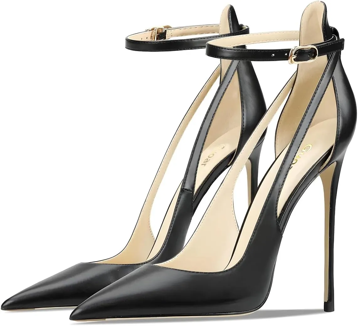 Women's Pointed 3.9 Inch Ankle Strap High Heels Hollow Pumps Wedding Party Dance Dinner Shoes
