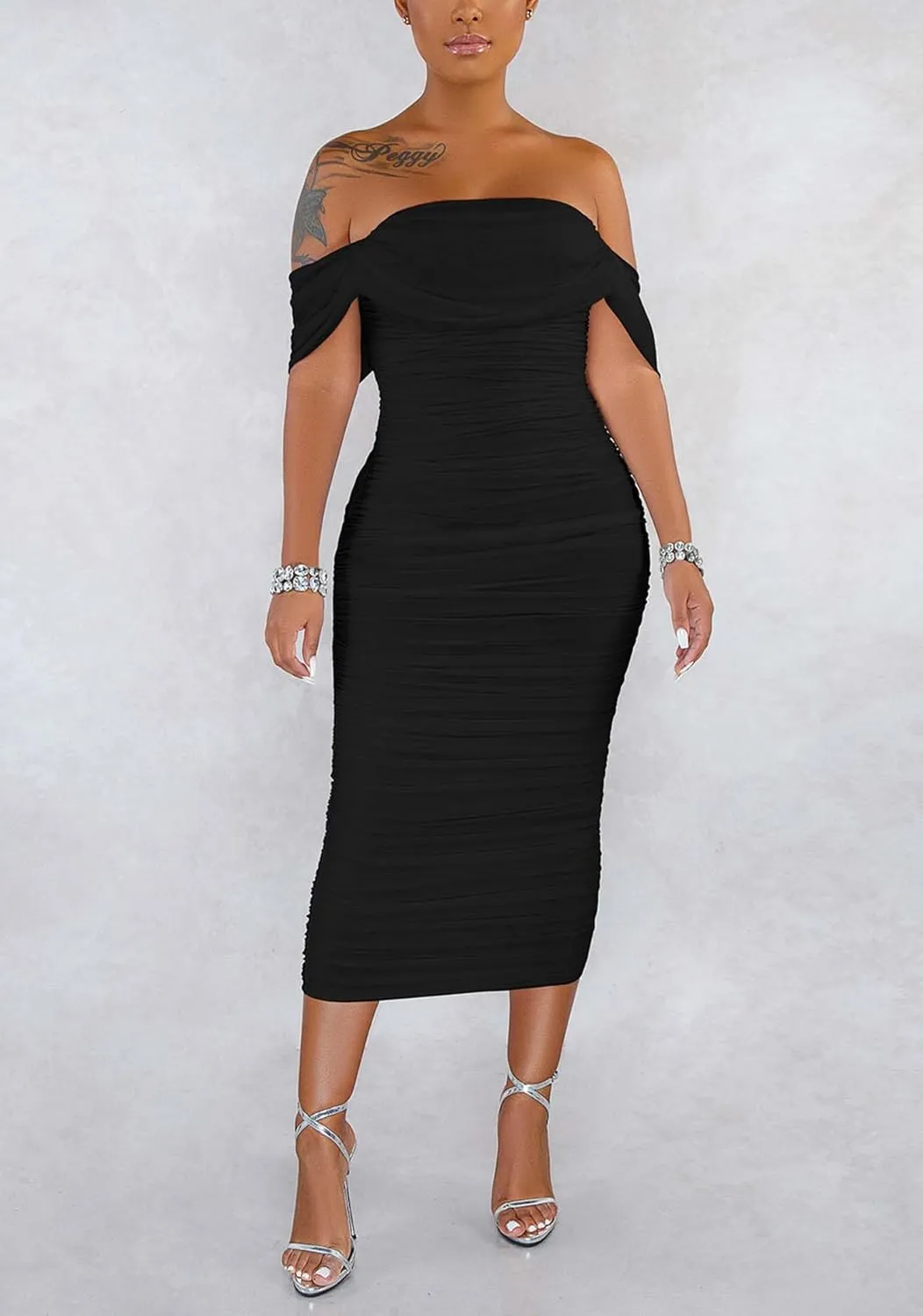 Women's Sexy Off Shoulder Sleeveless Bodycon Ruched Midi Elegant Cocktail Evening Party Night Tube Dresses
