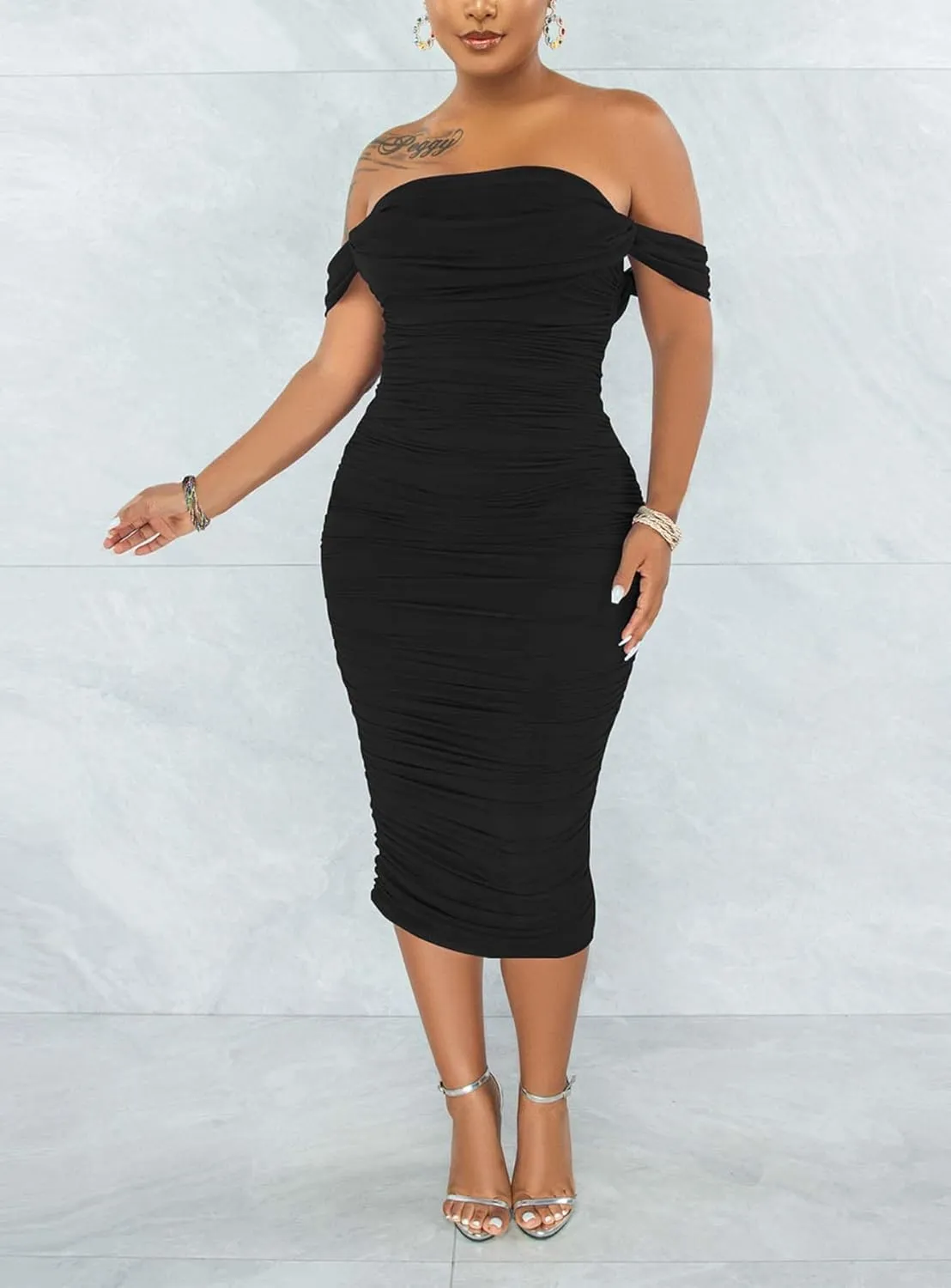 Women's Sexy Off Shoulder Sleeveless Bodycon Ruched Midi Elegant Cocktail Evening Party Night Tube Dresses