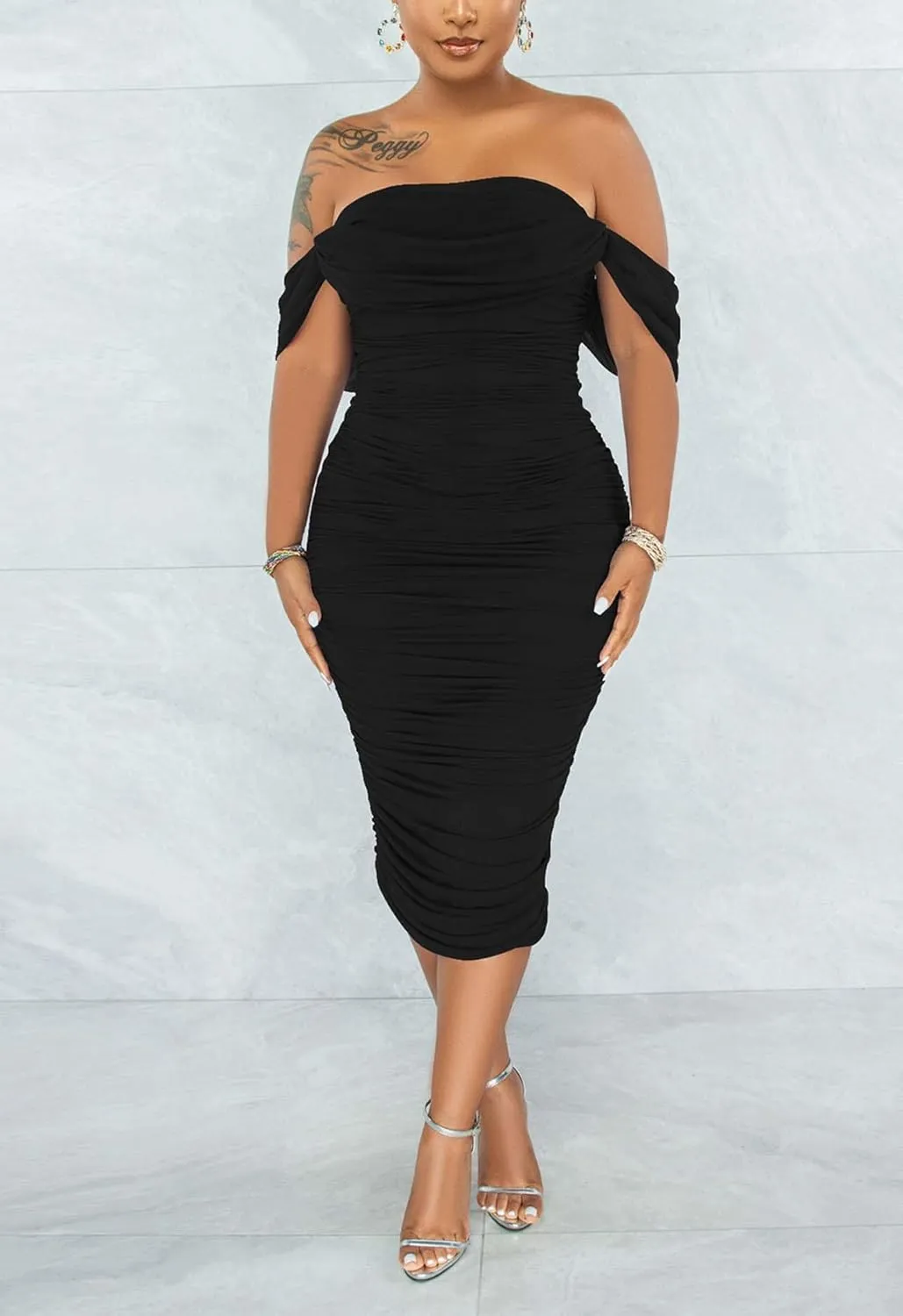 Women's Sexy Off Shoulder Sleeveless Bodycon Ruched Midi Elegant Cocktail Evening Party Night Tube Dresses