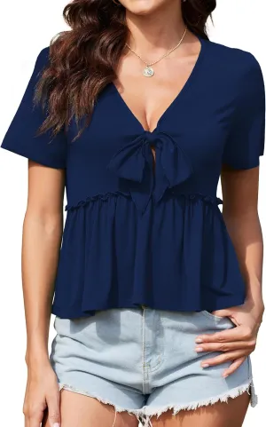 Womens Sexy V Neck Tops Summer Cute Ruffle Shirts Cutout Tie Bow Blouse Short Sleeve Crop Tops