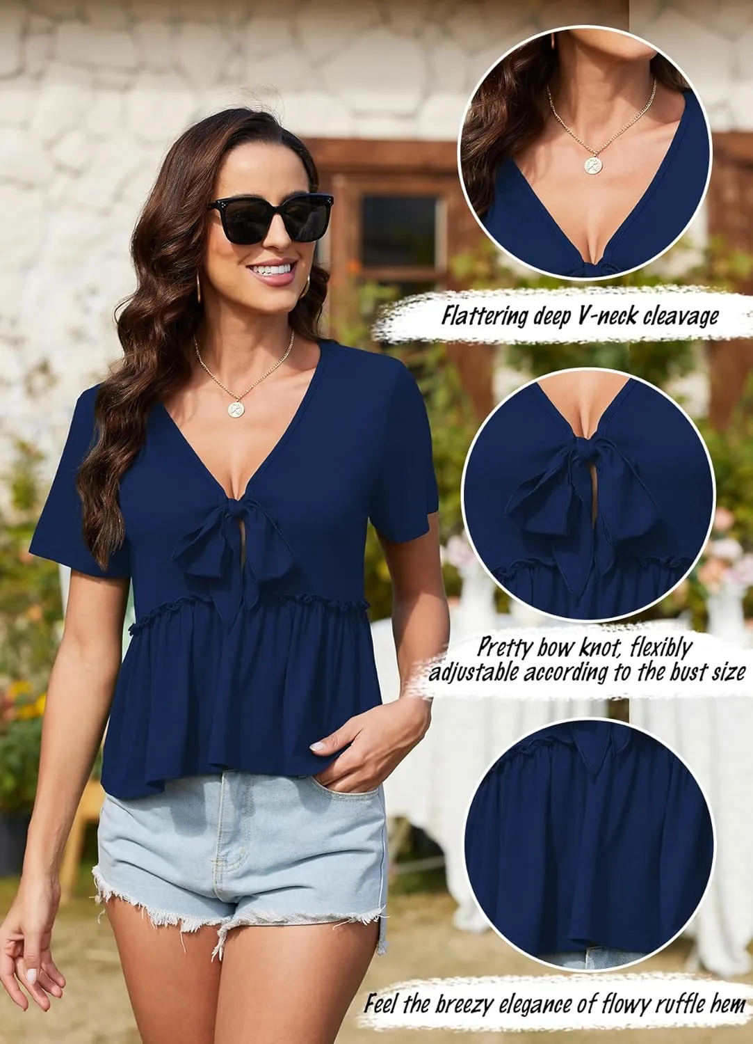 Womens Sexy V Neck Tops Summer Cute Ruffle Shirts Cutout Tie Bow Blouse Short Sleeve Crop Tops