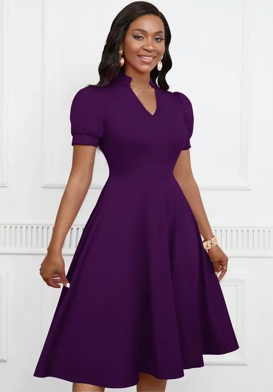 Womens Short Puff Sleeve V Neck Casual Semi-Formal Cocktail Party A-Line Dress