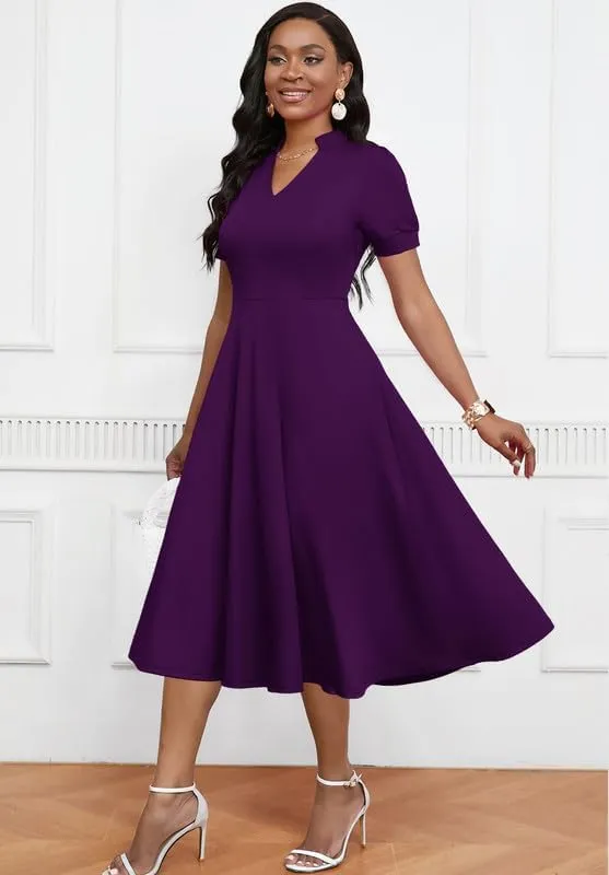 Womens Short Puff Sleeve V Neck Casual Semi-Formal Cocktail Party A-Line Dress