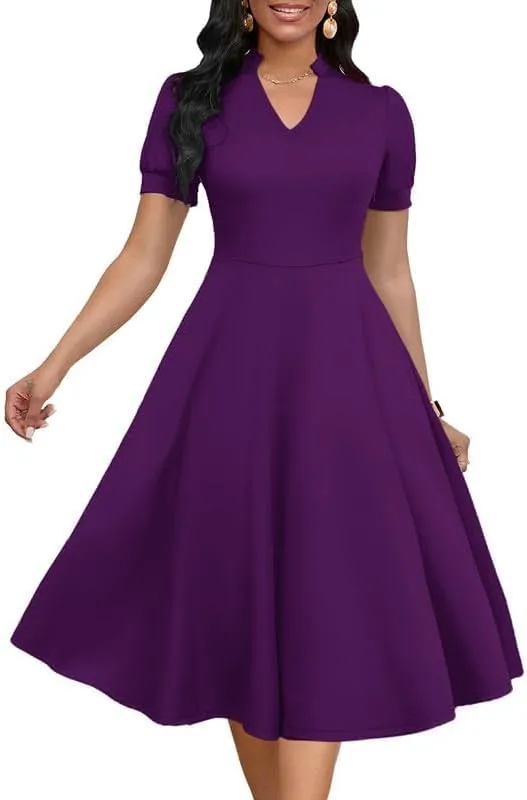 Womens Short Puff Sleeve V Neck Casual Semi-Formal Cocktail Party A-Line Dress