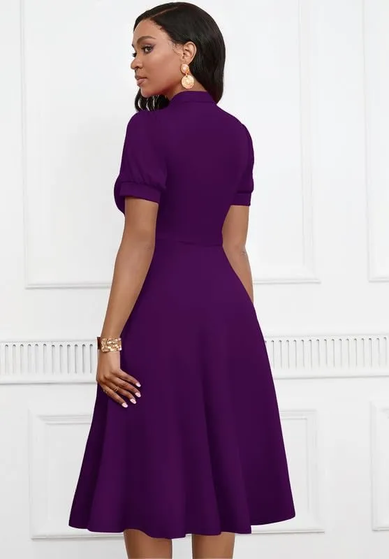 Womens Short Puff Sleeve V Neck Casual Semi-Formal Cocktail Party A-Line Dress