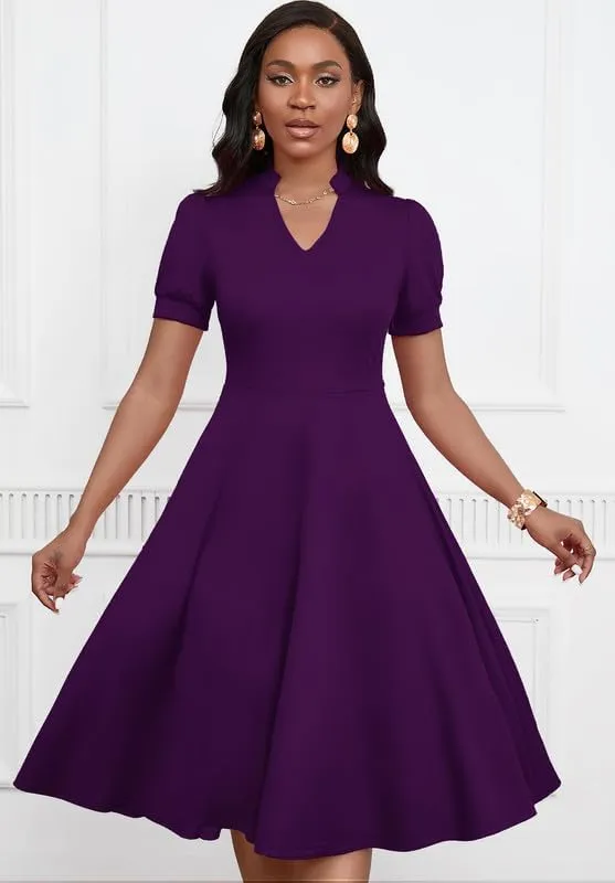 Womens Short Puff Sleeve V Neck Casual Semi-Formal Cocktail Party A-Line Dress