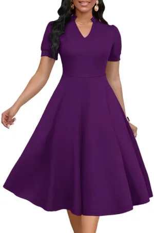 Womens Short Puff Sleeve V Neck Casual Semi-Formal Cocktail Party A-Line Dress