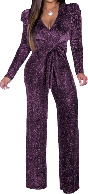 Women's Sparkly Jumpsuits Sexy Long Sleeve Cocktail Elegant Mock Neck Bodycon Straight Long Pants Rompers with Pockets