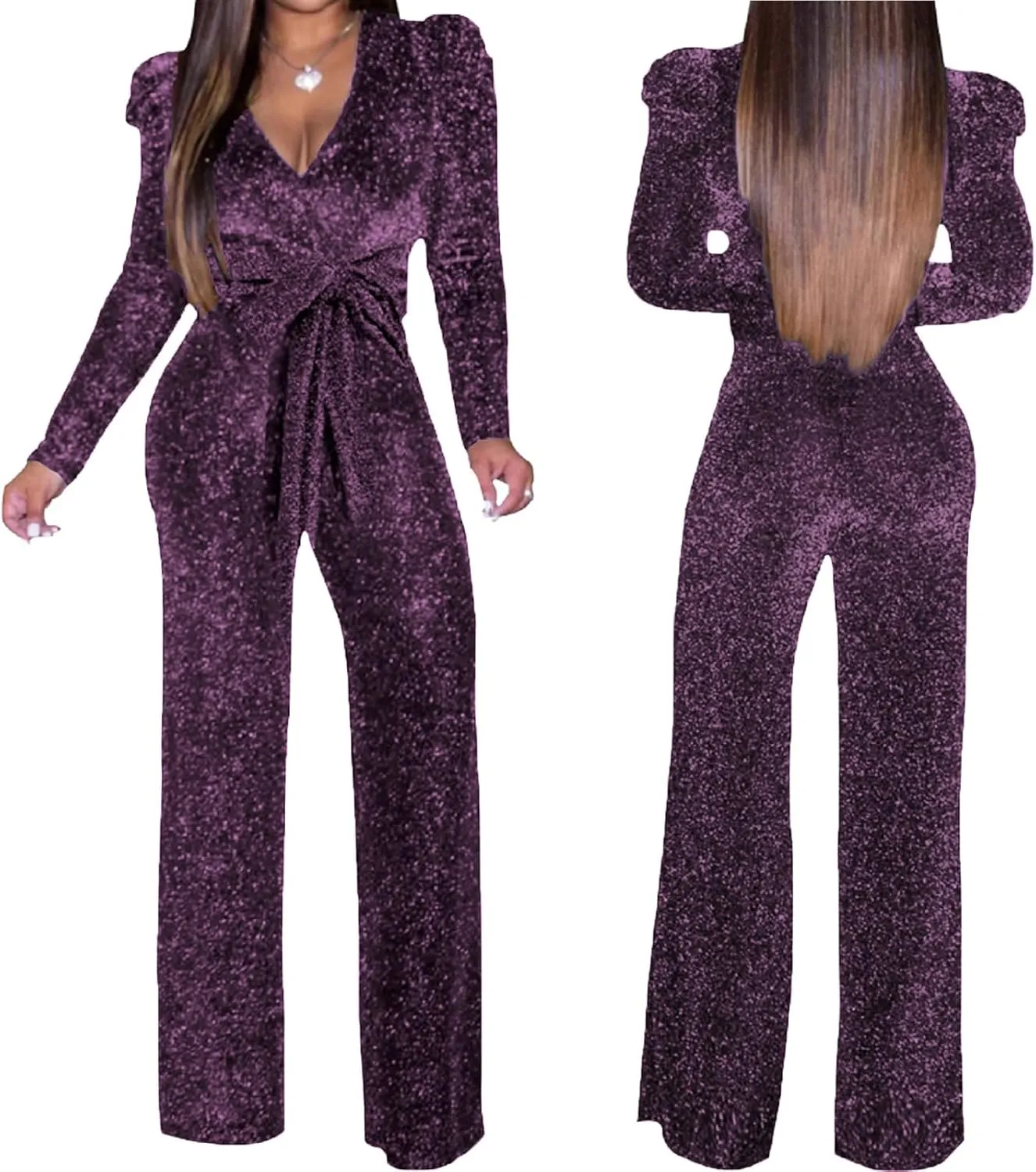 Women's Sparkly Jumpsuits Sexy Long Sleeve Cocktail Elegant Mock Neck Bodycon Straight Long Pants Rompers with Pockets
