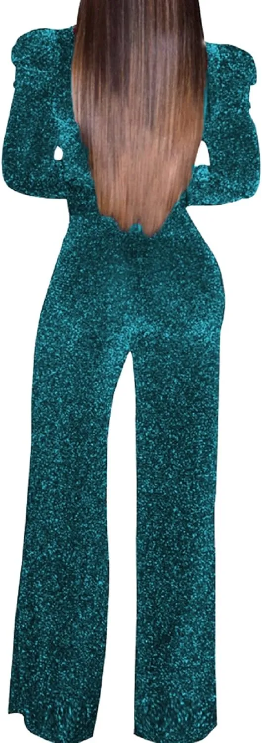 Women's Sparkly Jumpsuits Sexy Long Sleeve Cocktail Elegant Mock Neck Bodycon Straight Long Pants Rompers with Pockets