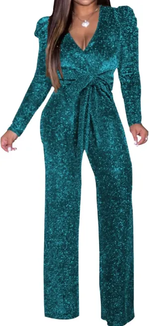 Women's Sparkly Jumpsuits Sexy Long Sleeve Cocktail Elegant Mock Neck Bodycon Straight Long Pants Rompers with Pockets