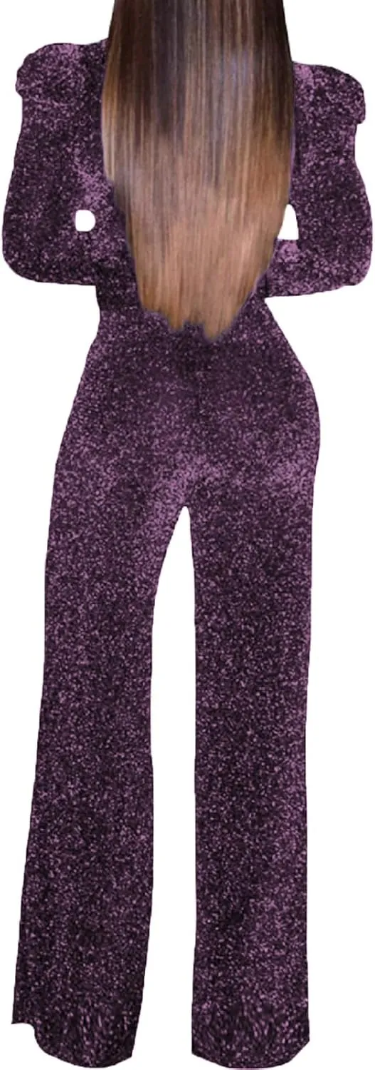 Women's Sparkly Jumpsuits Sexy Long Sleeve Cocktail Elegant Mock Neck Bodycon Straight Long Pants Rompers with Pockets
