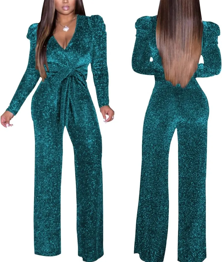 Women's Sparkly Jumpsuits Sexy Long Sleeve Cocktail Elegant Mock Neck Bodycon Straight Long Pants Rompers with Pockets