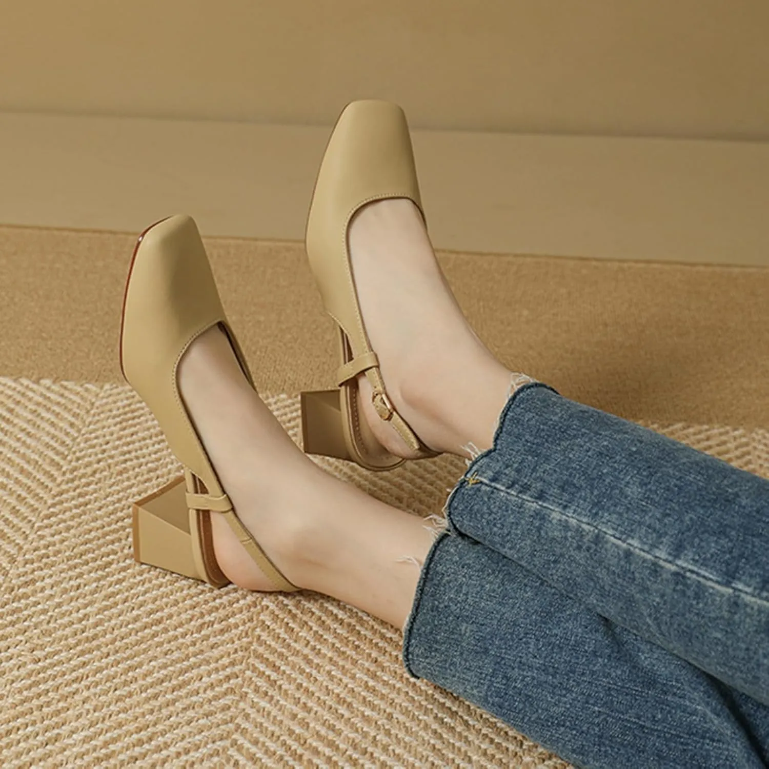 Women's Square Toe Leather Chunky Heel Slingback Formal Pumps Shoes,Comfortable Closed Toe Slip-On Adjustable Ankle Strap Block Heel Dress Shoes,for Wedding Party Dinner