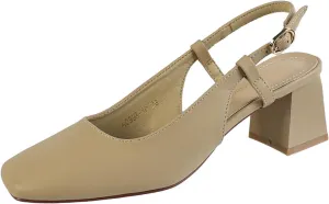 Women's Square Toe Leather Chunky Heel Slingback Formal Pumps Shoes,Comfortable Closed Toe Slip-On Adjustable Ankle Strap Block Heel Dress Shoes,for Wedding Party Dinner