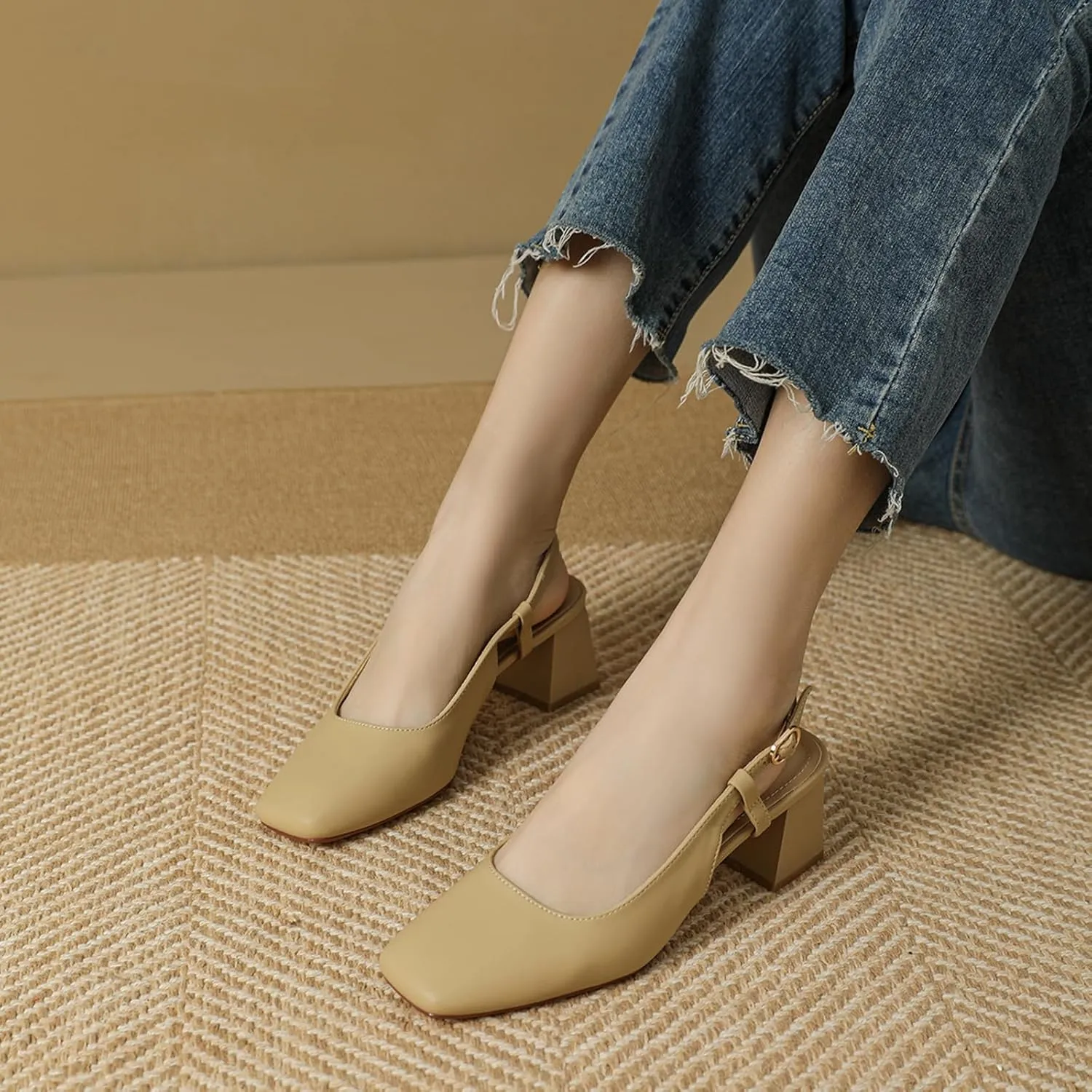 Women's Square Toe Leather Chunky Heel Slingback Formal Pumps Shoes,Comfortable Closed Toe Slip-On Adjustable Ankle Strap Block Heel Dress Shoes,for Wedding Party Dinner