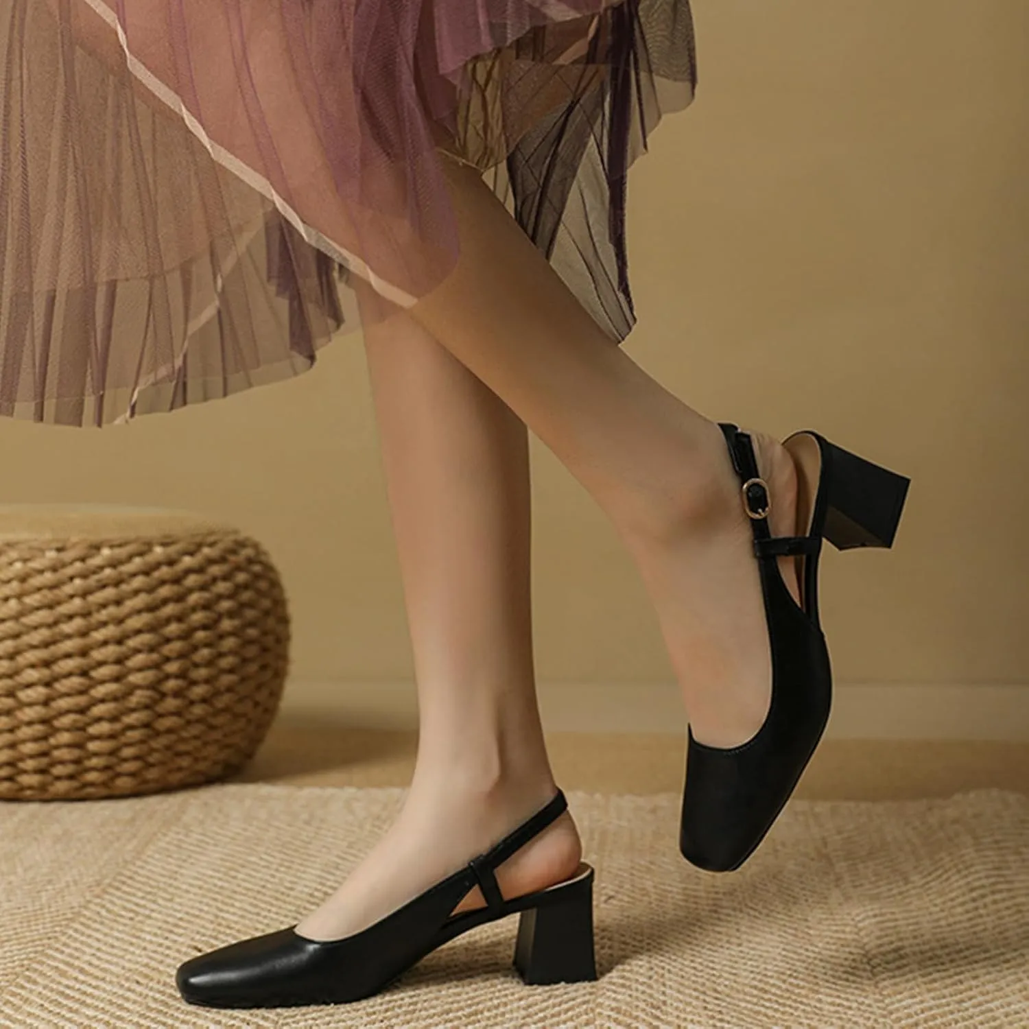 Women's Square Toe Leather Chunky Heel Slingback Formal Pumps Shoes,Comfortable Closed Toe Slip-On Adjustable Ankle Strap Block Heel Dress Shoes,for Wedding Party Dinner