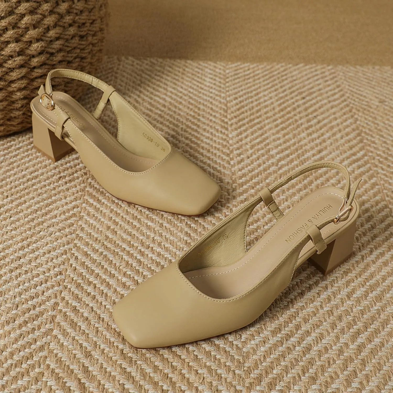 Women's Square Toe Leather Chunky Heel Slingback Formal Pumps Shoes,Comfortable Closed Toe Slip-On Adjustable Ankle Strap Block Heel Dress Shoes,for Wedding Party Dinner