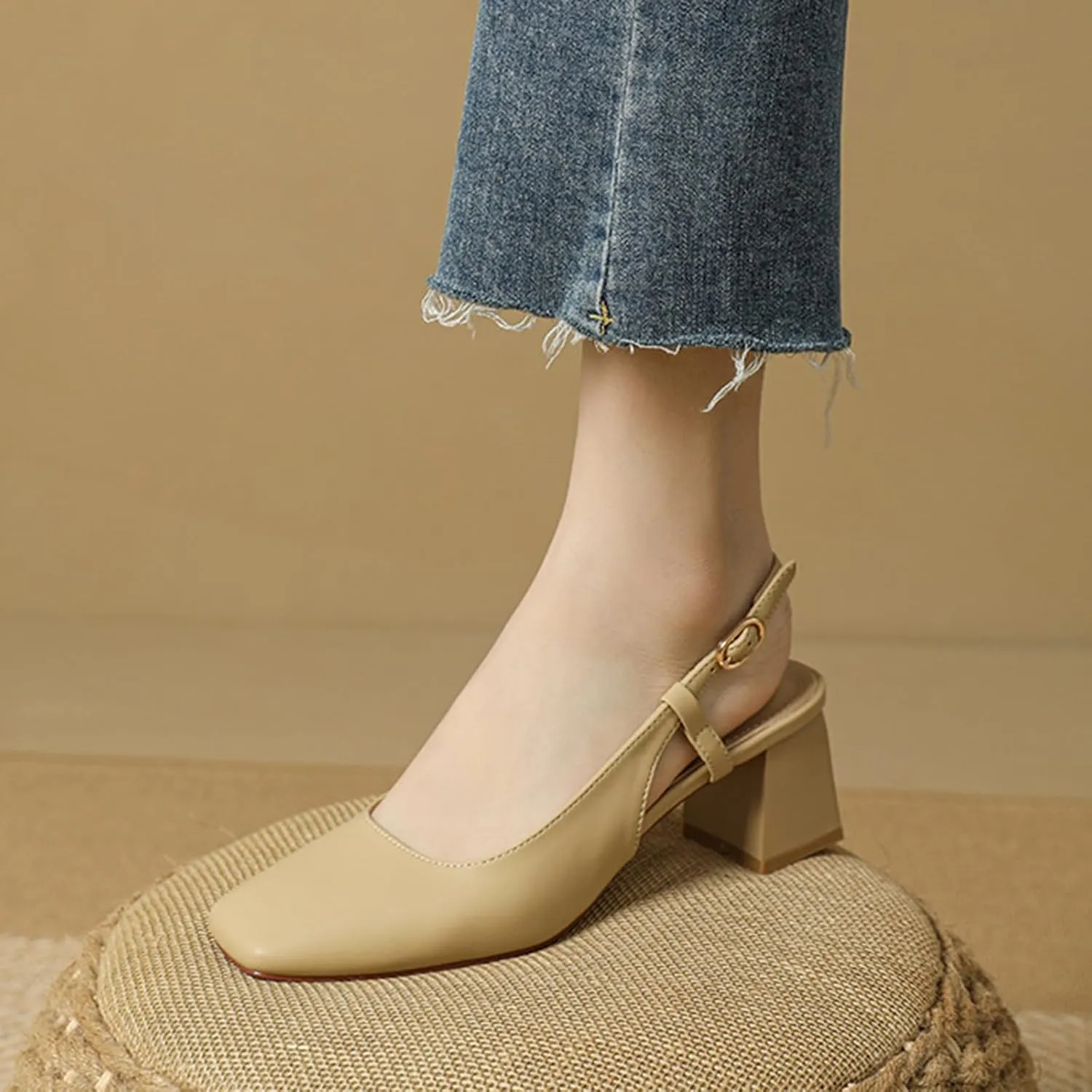 Women's Square Toe Leather Chunky Heel Slingback Formal Pumps Shoes,Comfortable Closed Toe Slip-On Adjustable Ankle Strap Block Heel Dress Shoes,for Wedding Party Dinner