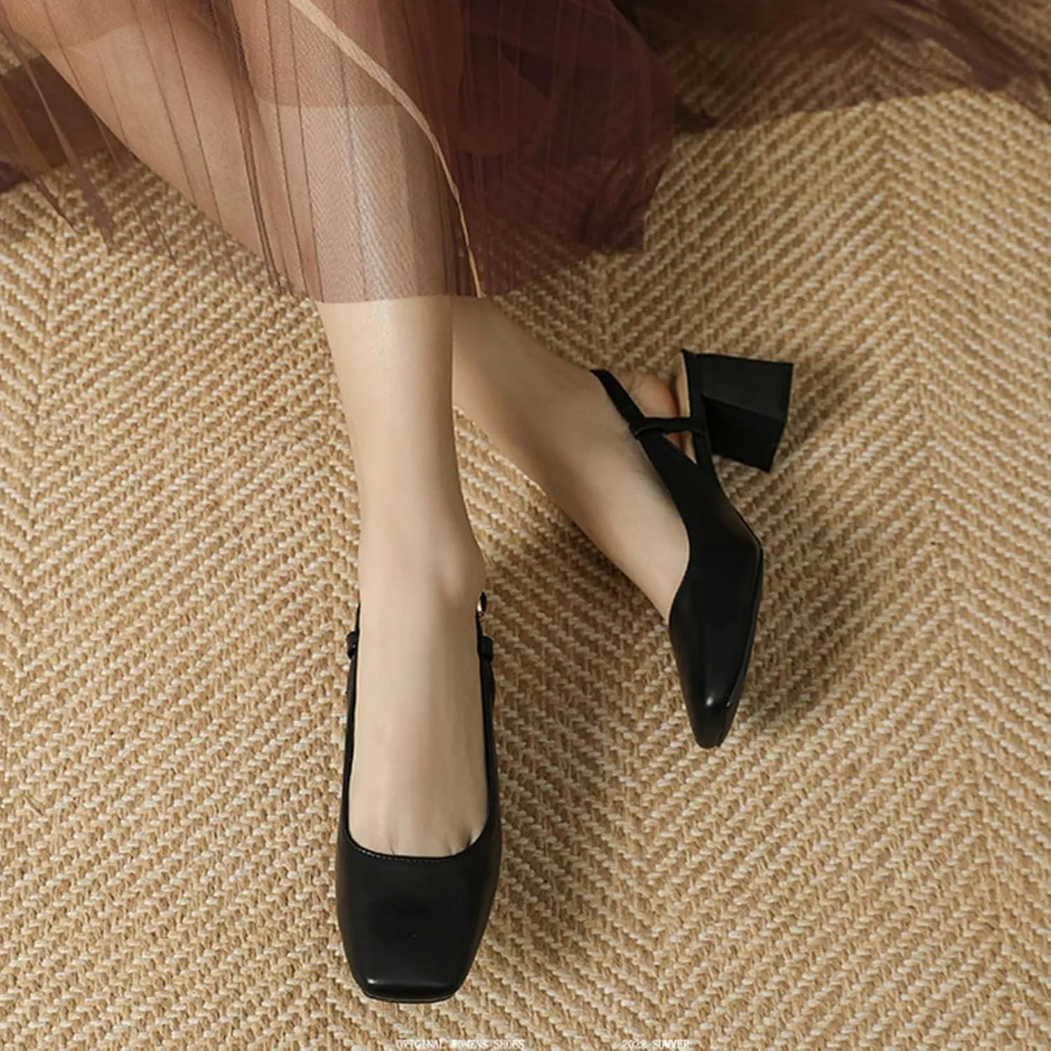 Women's Square Toe Leather Chunky Heel Slingback Formal Pumps Shoes,Comfortable Closed Toe Slip-On Adjustable Ankle Strap Block Heel Dress Shoes,for Wedding Party Dinner