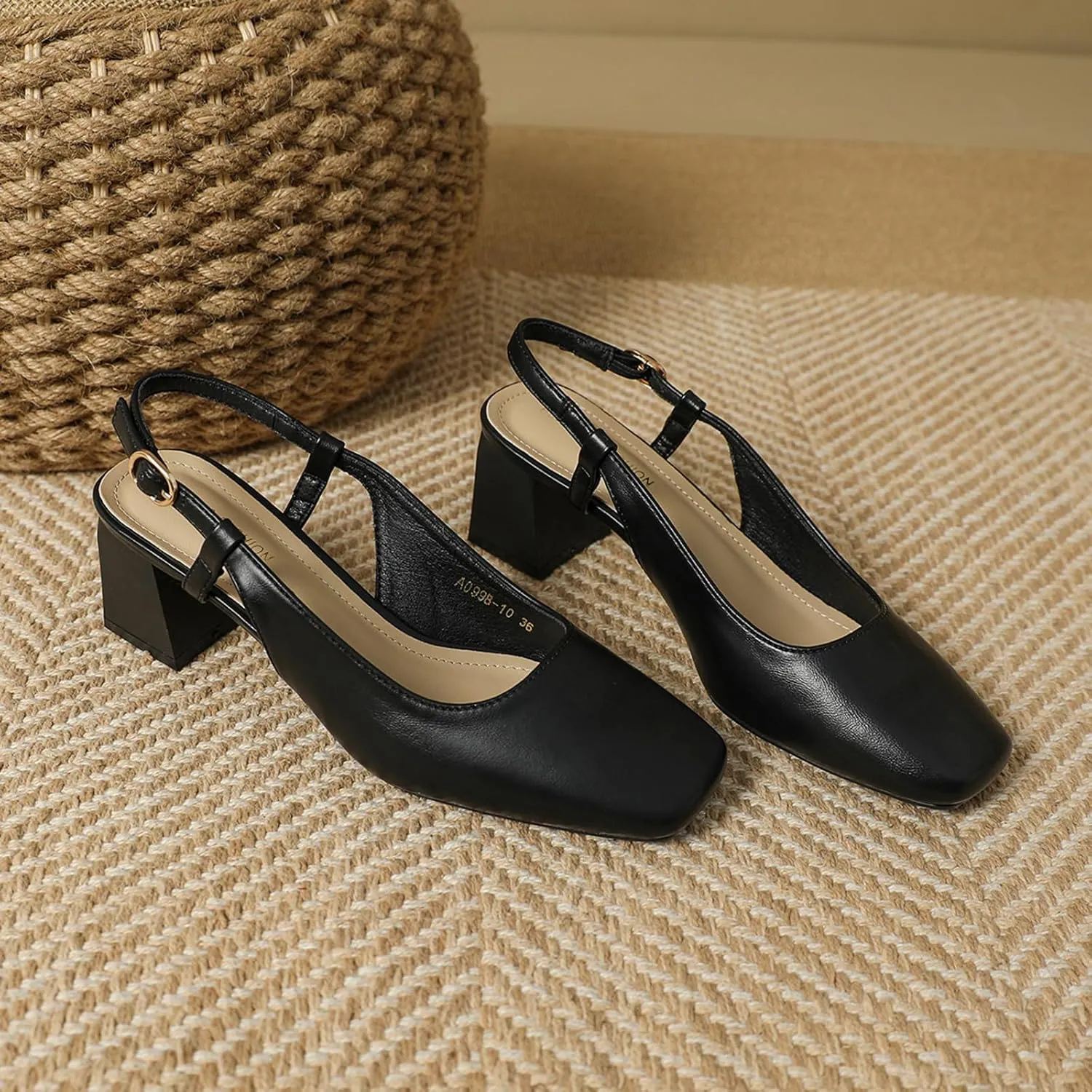 Women's Square Toe Leather Chunky Heel Slingback Formal Pumps Shoes,Comfortable Closed Toe Slip-On Adjustable Ankle Strap Block Heel Dress Shoes,for Wedding Party Dinner