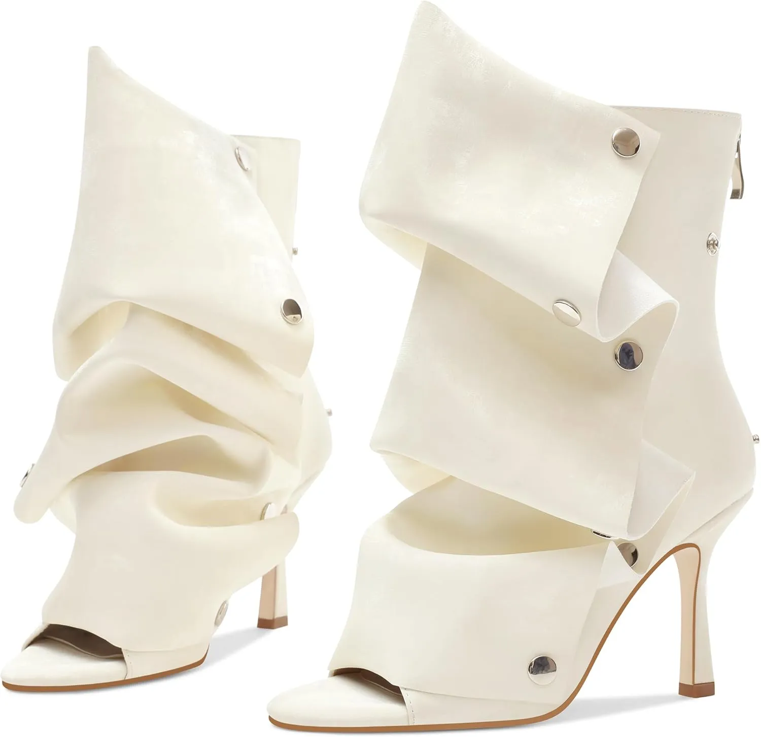 Women's Stylish Wrinkles High Heels Buttons Summer Booties Ladies Unique Ruched Metals Thin Heels Spring Short Boots