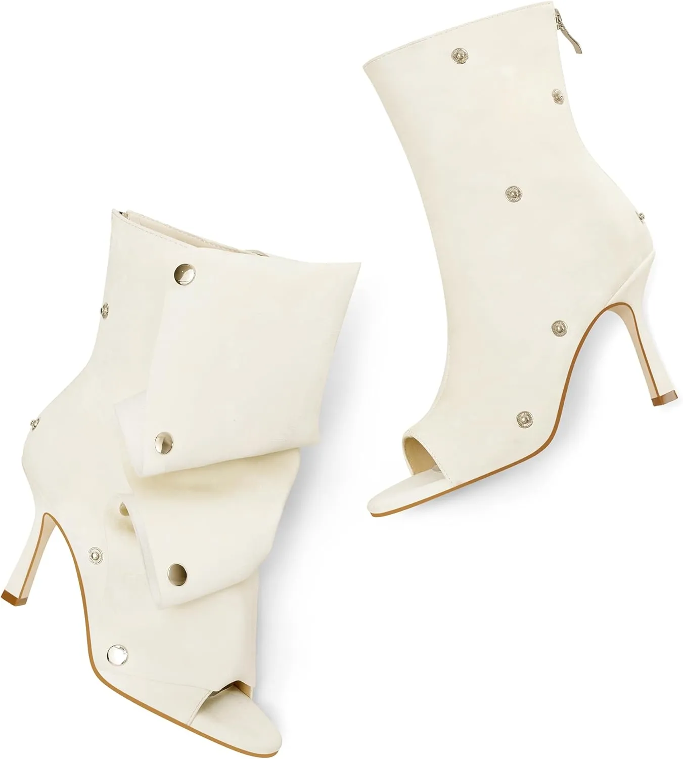 Women's Stylish Wrinkles High Heels Buttons Summer Booties Ladies Unique Ruched Metals Thin Heels Spring Short Boots