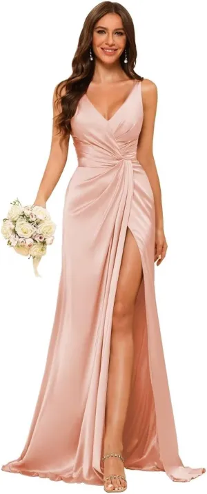 Women's V Neck Bridesmaid Dresses Sleeveless Satin Pleated Formal Dress with Slit 2025 LN11