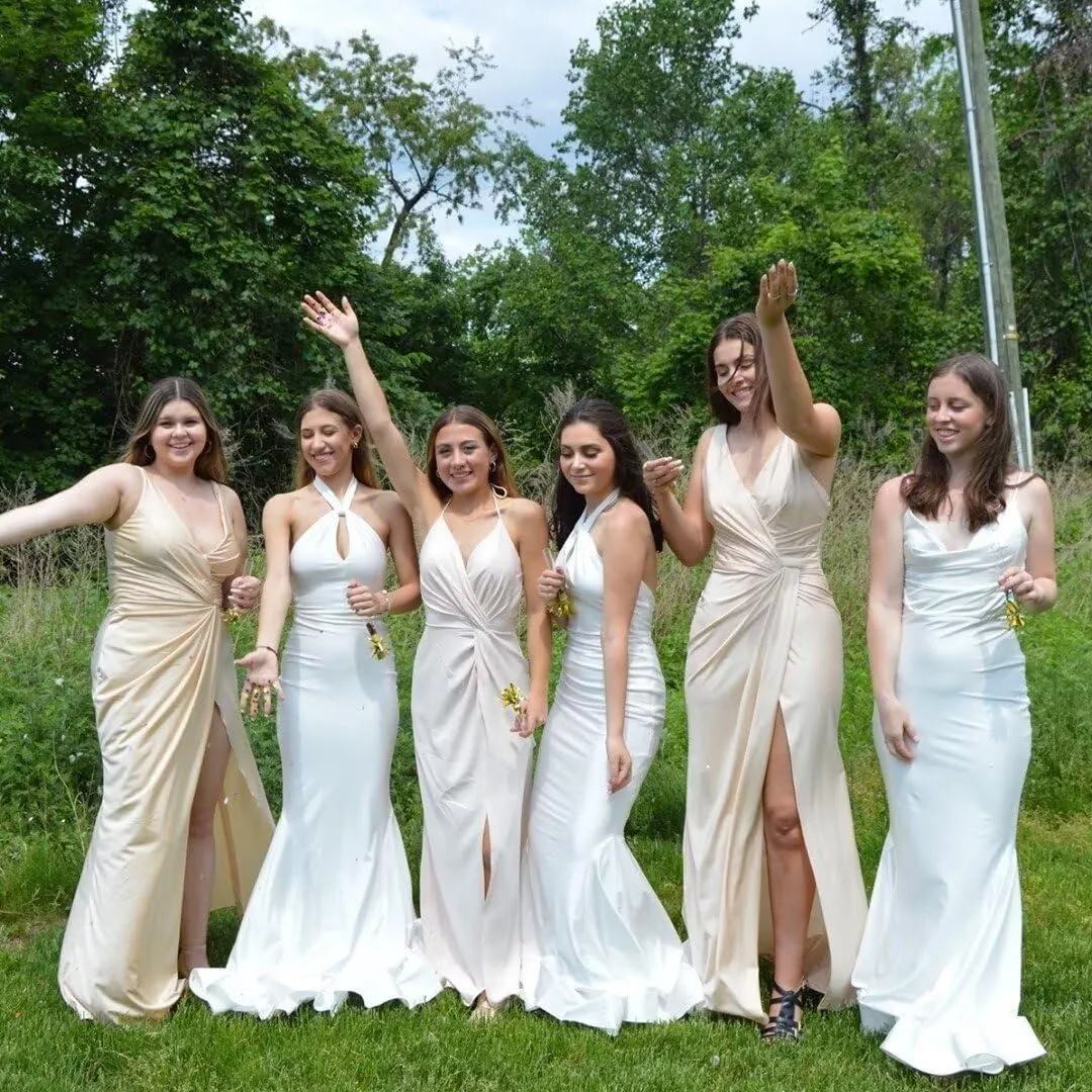 Women's V Neck Bridesmaid Dresses Sleeveless Satin Pleated Formal Dress with Slit 2025 LN11