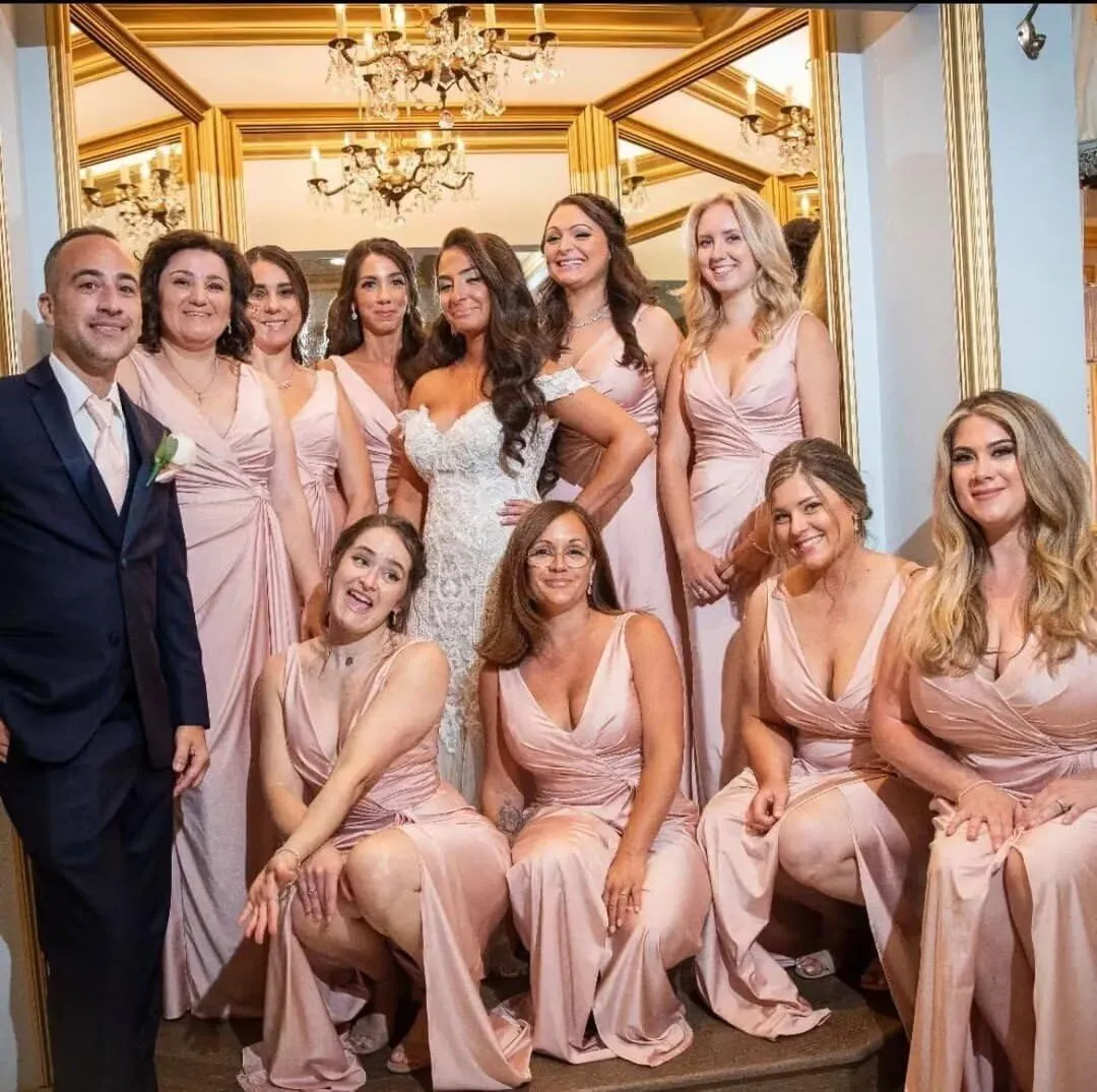 Women's V Neck Bridesmaid Dresses Sleeveless Satin Pleated Formal Dress with Slit 2025 LN11