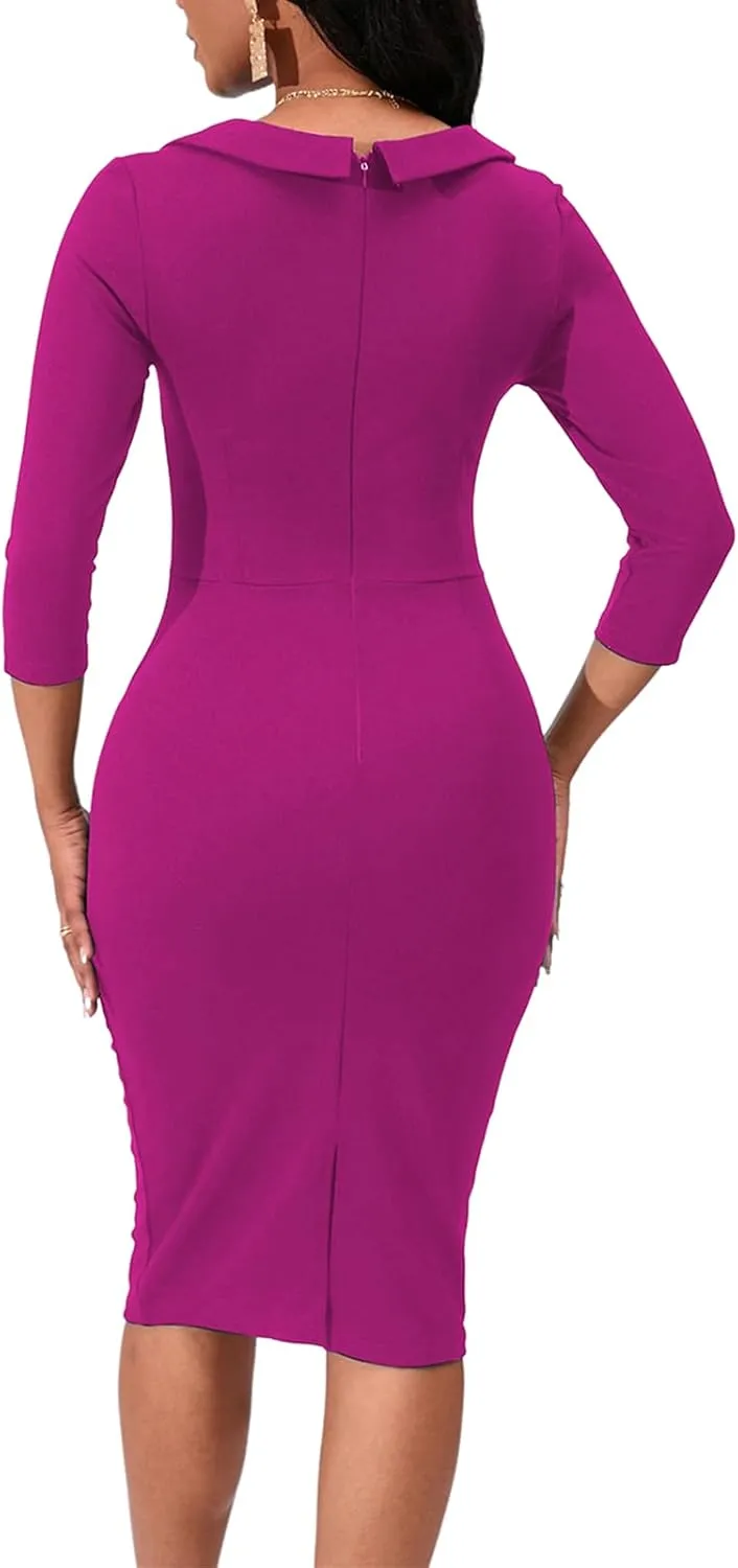 Womens Vintage Bodycon Midi Dress 3/4 Sleeve V Neck Cocktail Party Knee Length Pencil Dress Elegant