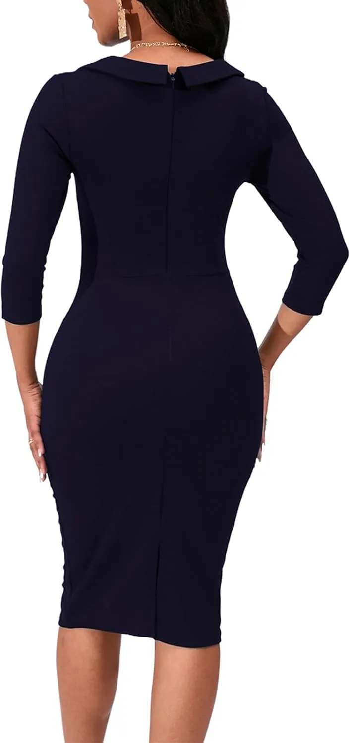 Womens Vintage Bodycon Midi Dress 3/4 Sleeve V Neck Cocktail Party Knee Length Pencil Dress Elegant